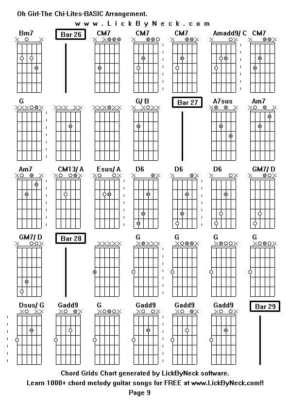 Chord Grids Chart of chord melody fingerstyle guitar song-Oh Girl-The Chi-Lites-BASIC Arrangement,generated by LickByNeck software.